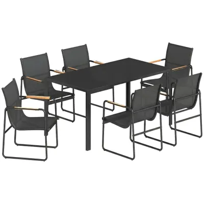 Outsunny Set Masă și Scaune de Grădină 7 Piese, Set Prânz Exterior cu Masă din Sticlă Temperată, 6 Scaune din Texteline Respirabil, Cotiere Decorative, Structură din Oțel pentru Terasă Balcon, Negru | Aosom Romania