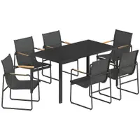 Outsunny Set Masă și Scaune de Grădină 7 Piese, Set Prânz Exterior cu Masă din Sticlă Temperată, 6 Scaune din Texteline Respirabil, Cotiere Decorative, Structură din Oțel pentru Terasă Balcon, Negru | Aosom Romania