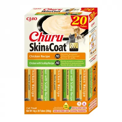 Recompense pentru pisici Churu Skin Coat cu pui scoici 20 tubes