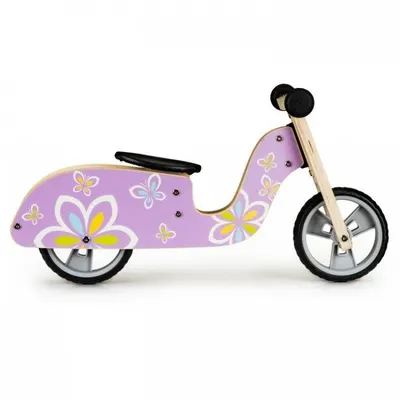Bicicleta copii din lemn fara pedale Ecotoys LC-V1330 Violet cu fluturasi, roti cauciuc EVA, de la 2 ani pana la 20 kg, scaun reglabil pe 3 inaltimi