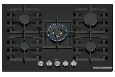 Plita incorporabila Bosch PPQ7A6I40, Gaz, 5 arzatoare, Flame select, Arzator Wok, Gratar fonta, 75 cm (Sticla neagra)