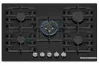 Plita incorporabila Bosch PPQ7A6I40, Gaz, 5 arzatoare, Flame select, Arzator Wok, Gratar fonta, 75 cm (Sticla neagra)