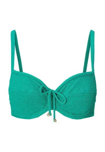 Sutien de baie texturat cu funda decorativa pe partea din fata - Verde