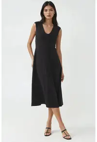 Rochie midi decolteu in V - negru - jerseu