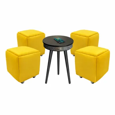 Masă inteligentă cu Bluetooth 5.0, sistem audio 20W și încărcare wireless – Neagra, design modern cu MDF și lemn de stejar si Taburet multifuncțional 5 în 1 din catifea-culoare galben