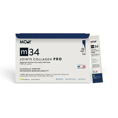 m34 PRO Colagen hidrolizat bovin premium monodoza, dovedit clinic, articulatii, 7.000mg tip I, II si III, aroma capsuni si lime, 15 plicuri, 195 g, natural, Molecules of Youth