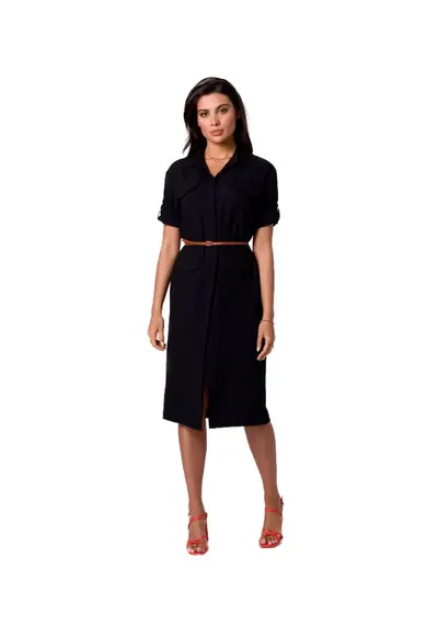 Rochie tip camasa cu buzunare - - Negru