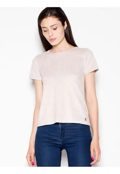 Bluza dama bej - maneci scurte din piele intoarsa - decolteu semicircular - fermoar decorativ auriu