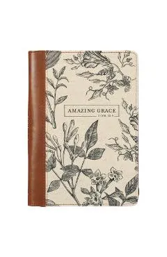 Christian Art Gifts Scripture Journal Brown/Cream Floral Printed Amazing Grace 2 Cor. 12:9 Bible Verse Inspirational Faux Leather Notebook, Zipper Clo