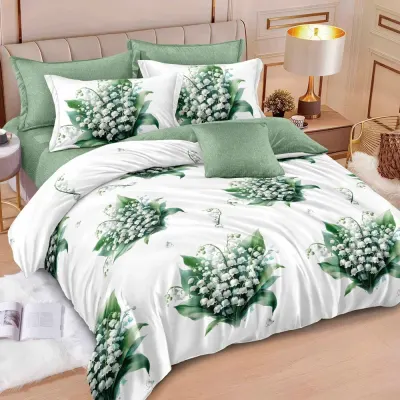Lenjerie pat dublu cu ELASTIC, Finet, 6 piese, Alb, Verde, floricele