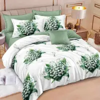 Lenjerie pat dublu cu ELASTIC, Finet, 6 piese, Alb, Verde, floricele