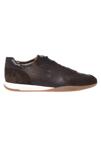 Pantofi sport de piele si piele intoarsa cu perforatii - Maro inchis
