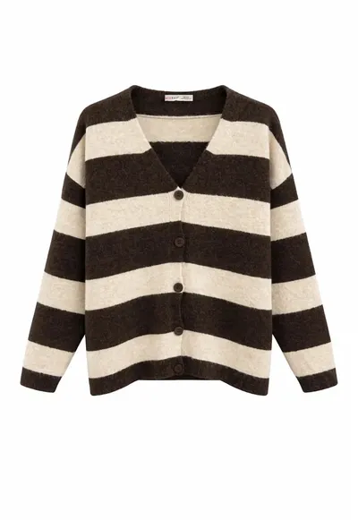 Cardigan tricotat - cu dungi - maro - poliester