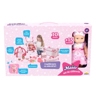 Set de calatorie cu papusa bebelus, Maia, 15 accesorii