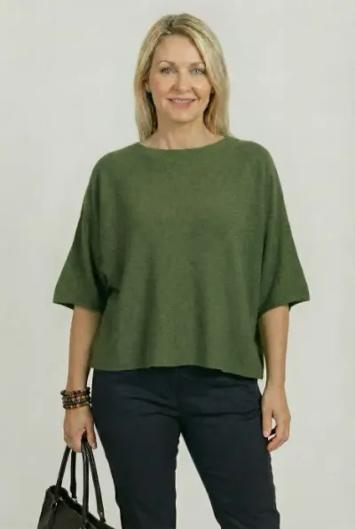 Pulover versatil cu maneca fluture din vascoza, kaki