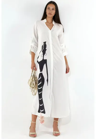 Rochie tip camasa - maxi - imprimeu text - alb - poliester cu lycra