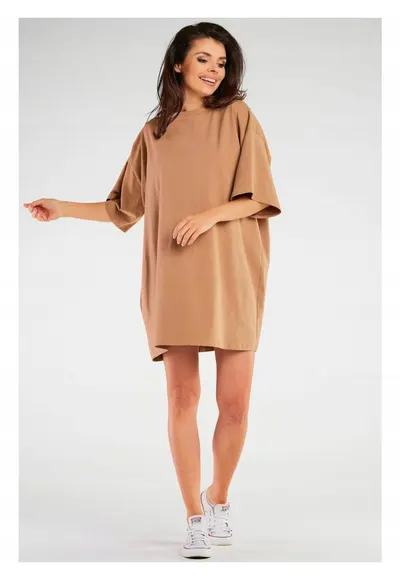 Rochie oversize cu maneca scurta din bumbac - - Bej
