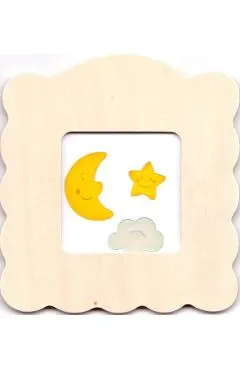 Mini rama foto din lemn natur pentru decorare. Luna, stea si norisor