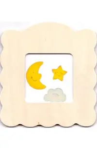 Mini rama foto din lemn natur pentru decorare. Luna, stea si norisor