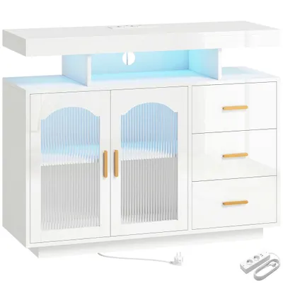 HOMCOM Bufet cu LED RGB în 7 culori Prize Porturi USB 3 Sertare Rafturi Deschise 2 Uși Alb Lucios 100x35x80 cm | Aosom Romania
