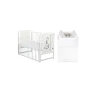 Set mobilier pentru copii, BabyNeeds: Patut din lemn de pin si MDF, cu laterala culisanta si somiera reglabila in 3 trepte, Timmi Girafa, 120x60 cm + Saltea cocos-burete-cocos, 8 cm + Comoda cu masuta de infasat, Alb