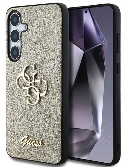 Husă Guess - Glitter Fixed Metal Logo, Galaxy S25 Plus, auriu