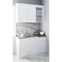 Set bucatarie SPACE 120 cm, 2 corpuri, cu sertar, blat termorezistent, fronturi MDF, alb antichizat