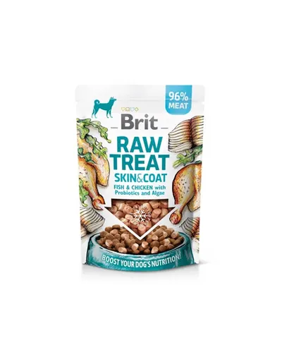BRIT Recompensa caini Raw Treat Freeze Dried Skin Coat 40 g peste si pui liofilizat cu probiotice
