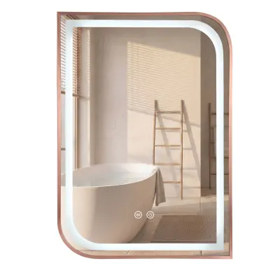 Oglinda baie cu iluminare LED 80x60 cm, cu functie dezaburire, rama auriu roz periat, Rea Zone