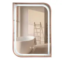 Oglinda baie cu iluminare LED 80x60 cm, cu functie dezaburire, rama auriu roz periat, Rea Zone