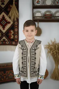 Vesta crem traditionala pentru copii cu broderie neagra 2