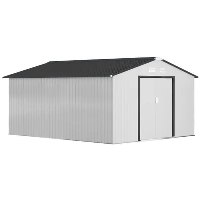 Outsunny Cobertizo de Jardín Exterior 12,4 m² 340x386x200 cm con Puerta Corredera Techo Inclinado y 4 Ventanas Blanco | Aosom Romania