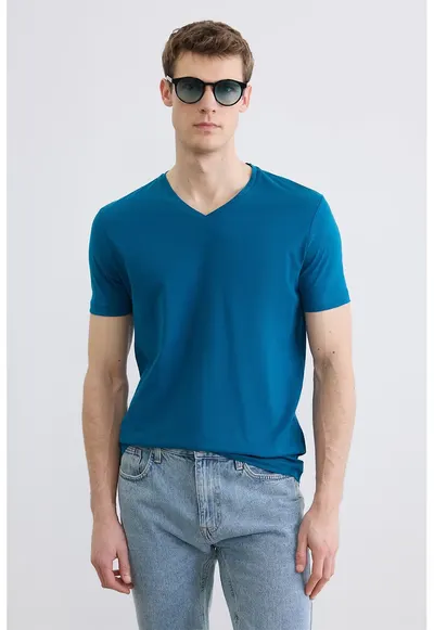 Tricou uni cu decolteu in V - Albastru petrol
