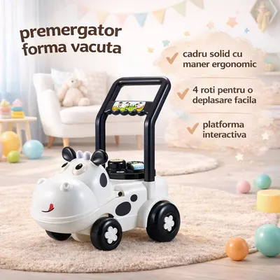 Jucarie de impins, antepremergator vacuta, platforma interactiva, 47x30x47 cm