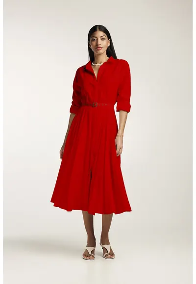 Rochie-camasa midi cu pliuri si o curea - Rosu vermillion