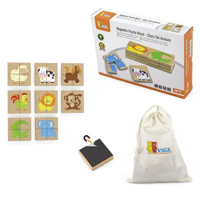 Puzzle magnetic din lemn, 32 piese - Animale