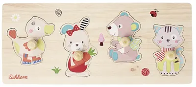 Puzzle din lemn Eichhorn - Prieteni, 4 piese, cu mânere