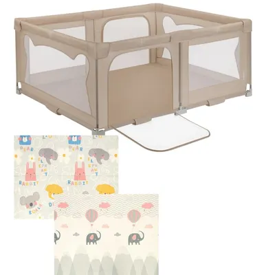 Pachet Tarc de joaca copii, Lionelo, Florence, 150 x 180 cm, Conform cu EN 12227:2010, Bej si Covoras educativ, Bocioland, Grey Elephant, Impermeabil, 150 x 180 cm