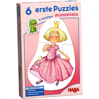 Set de 6 puzzle-uri cu piese mari din carton și o figurină din lemn