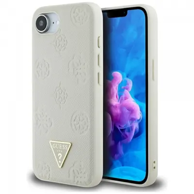 Husa MagSafe pentru Apple iPhone 17e / 16e, Guess, Peony Grained Hot Stamp Triangle, Bej