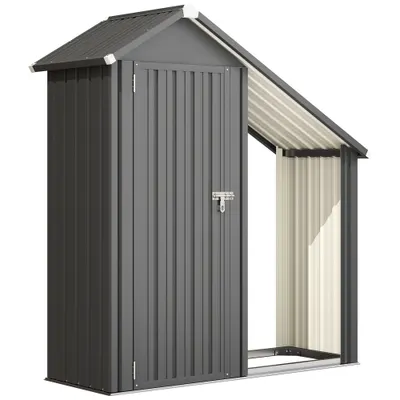 Outsunny Șopron Exterior pentru Lemne cu Dulap pentru Unelte, 0,77 m², 150x66x162 cm, Din Oțel Galvanizat, Gri Închis | Aosom Romania
