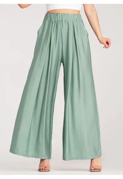 Pantaloni dama - largi - talie inalta - verde - viscoza-elastan