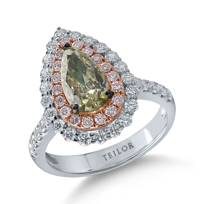 Inel din aur alb-roz cu un diamant verde central pear de 1.27ct si diamante incolore si roz halo pave de 1.12ct