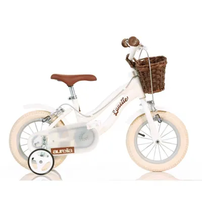 Bicicleta pentru copii Dino Bikes Retro Alb, 12 inch, inaltime utilizator 87-110 cm, cadru din aluminiu, cosulet frontal, roti ajutatoare, aparatoare lant
