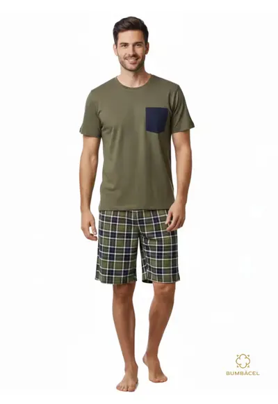 Pijamale din bumbac - din doua piese - tricou si pantaloni scurti - pentru barbati - Verde