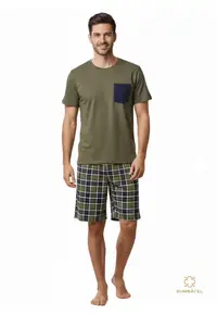 Pijamale din bumbac - din doua piese - tricou si pantaloni scurti - pentru barbati - Verde
