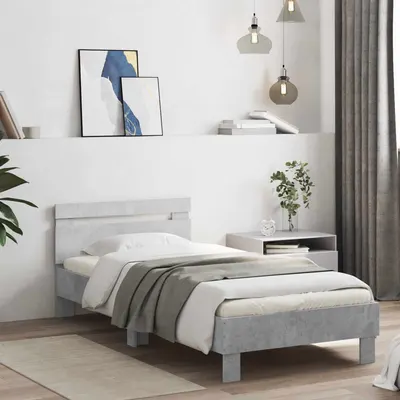vidaXL Cadru de pat cu benzi LED cu headboard Gri Beton Lemn prelucrat