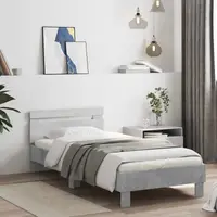 vidaXL Cadru de pat cu benzi LED cu headboard Gri Beton Lemn prelucrat