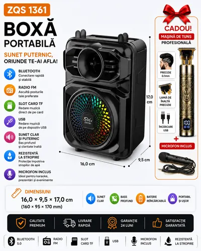 Boxa Portabila ZQS1361 BT FM microfon 24W P.M.P.O suport telefon