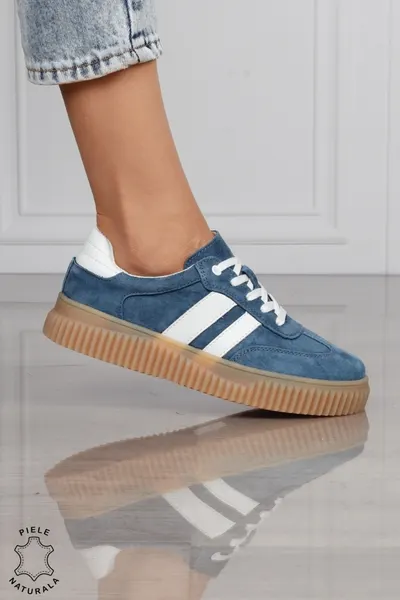 Pantofi Casual DAMA din Piele Naturala intoarsa, Model Retro CRL1531ALBASTRU